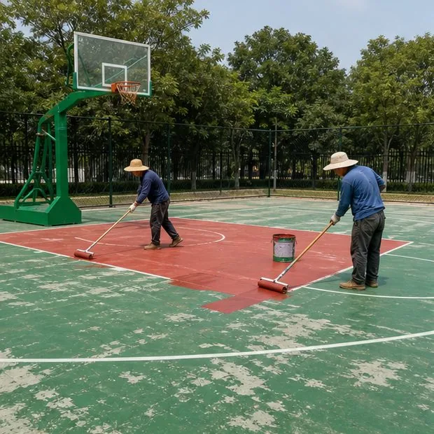 篮球场旧地面打磨修补与重新铺涂示意图